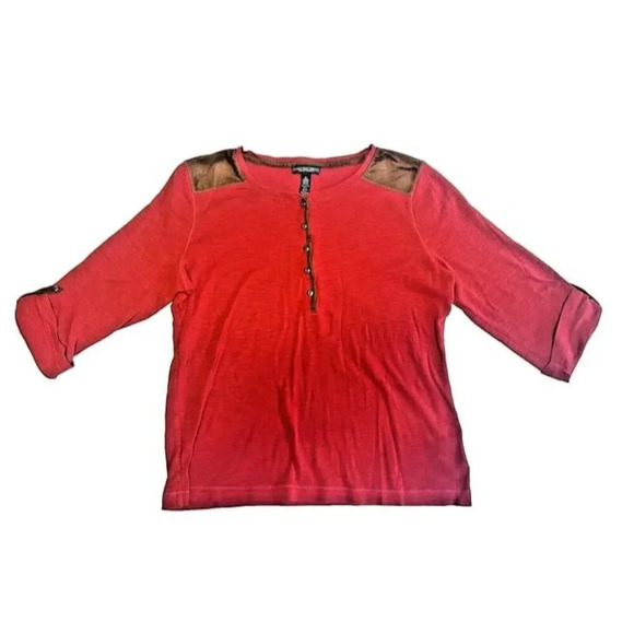 XL Ralph Lauren Red Brown Henley Roll Tab Long Sleeve Shirt Basic Classic Cotton - Picture 1 of 6